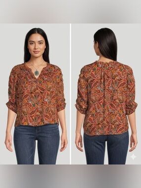 Democracy Rust Paisley Split V-Neck 3/4 Sleeve